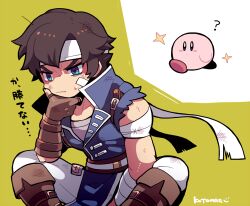 Rule 34 | 1boy, ?, bandage on face, bandaged arm, bandages, black eyes, blue coat, blue eyes, blush stickers, boots, brown footwear, brown gloves, brown hair, castlevania (series), closed mouth, coat, dirty, dirty face, fingerless gloves, gloves, headband, kirby, kirby (series), kotorai, male focus, nintendo, pants, richter belmont, short hair, sitting, sparkle, super smash bros., thinking, translation request, v-shaped eyebrows, white headband, white pants, yellow background