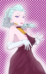 Rule 34 | 10s, 1girl, :p, blue hair, braid, breasts, death parade, dress, earrings, elbow gloves, flashing, gloves, jewelry, long hair, looking at viewer, nipples, nona (death parade), purple eyes, single braid, small breasts, solo, tongue, tongue out, white hair