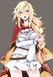 Rule 34 | 1girl, bad id, bad pixiv id, blonde hair, breasts, capelet, chateau gaillard (oshiro project), fang, grey background, hair between eyes, large breasts, long hair, looking at viewer, nayutarou (nyt kag), open mouth, oshiro project:re, oshiro project:re, purple eyes, red capelet, simple background, solo