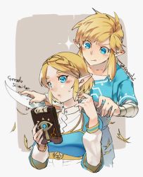 Rule 34 | 1boy, 1girl, :q, ahoge, bandaged arm, bandages, blue eyes, blue shirt, blush, braid, closed mouth, collarbone, comb, commentary, crown braid, cutting hair, english commentary, hand mirror, holding, holding sword, holding weapon, link, long sleeves, mirror, natsuyon, nintendo, parted bangs, pointing, pointy ears, princess zelda, sheikah slate, shirt, short sleeves, sidelocks, sparkle, sweat, sword, the legend of zelda, the legend of zelda: breath of the wild, the legend of zelda: tears of the kingdom, tongue, tongue out, twitter username, two-tone background, upper body, v-shaped eyebrows, weapon