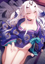 Rule 34 | breasts, clothing aside, fate/grand order, fate (series), from above, japanese clothes, kimono, looking at viewer, m-da s-tarou, medium breasts, melusine (fate), panties, panties aside, pregnant, underwear, white hair, yellow eyes