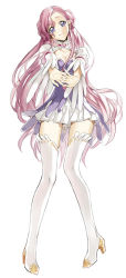 Rule 34 | 1girl, boots, breasts, cleavage, closed mouth, code geass, double bun, dress, earrings, euphemia li britannia, flower, frills, full body, hair bun, head tilt, high heel boots, high heels, interlocked fingers, jewelry, long hair, looking at viewer, medium breasts, own hands together, palms, pink flower, pink hair, purple eyes, ribbon, smile, solo, thigh boots, thighhighs, tibino, very long hair, white footwear, white thighhighs, zettai ryouiki