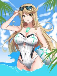 Rule 34 | 1girl, blonde hair, breasts, chest jewel, fgsketch, gem, headpiece, highres, large breasts, long hair, mythra (radiant beach) (xenoblade), mythra (xenoblade), one-piece swimsuit, ribbed swimsuit, solo, strapless, strapless one-piece swimsuit, striped clothes, striped one-piece swimsuit, swept bangs, swimsuit, tiara, two-tone swimsuit, very long hair, white one-piece swimsuit, xenoblade chronicles (series), xenoblade chronicles 2, yellow eyes