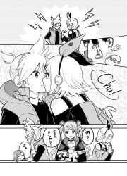 Rule 34 | 1boy, 3girls, accidental kiss, blush, brother and sister, choker, collar, comic, commentary request, cup, greyscale, hair ribbon, hatsune miku, headphones, high ponytail, highres, holding, holding cup, hood, hood down, kagamine len, kagamine rin, kiss, lightning bolt symbol, long hair, long sleeves, medium hair, meiko (vocaloid), monochrome, multiple girls, open mouth, partial commentary, project sekai, ribbon, short hair, siblings, sleeves rolled up, star (symbol), toridbd, translation request, vest, vivid bad squad (project sekai), vivid bad squad len, vivid bad squad meiko, vivid bad squad miku, vivid bad squad rin, vocaloid