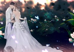 Rule 34 | 1boy, 1girl, absurdres, backless dress, backless outfit, bad id, bad pixiv id, black hair, bride, brown eyes, brown hair, bug, butterfly, butterfly hair ornament, couple, detached sleeves, dress, closed eyes, flower, formal, hair ornament, highres, insect, jacket, long dress, love and producer, original, pants, short hair, short sleeves, skirt hold, sleeveless, sleeveless dress, standing, tefco, water, wedding, wedding dress, white dress, white flower, white jacket, white pants, white sleeves