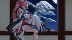 Rule 34 | 1girl, absurdres, amputee, baiken, breasts, choko (cup), cleavage, cloud, cup, eyepatch, from side, full moon, guilty gear, guilty gear xrd, highres, japanese clothes, kimono, large breasts, long hair, long sleeves, looking at viewer, looking to the side, moon, night, obi, one-eyed, parted lips, pink hair, ponytail, sash, scar, scar across eye, scar on face, sitting, smile, solo, tama (tamakaka1031), very long hair, wide sleeves, yellow eyes