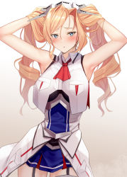 Rule 34 | 1girl, absurdres, armpits, arms up, blonde hair, blue eyes, blue skirt, blush, breast pocket, breasts, cowboy shot, drill hair, garter straps, gradient background, hair between eyes, hands in hair, headgear, highres, honolulu (kancolle), kantai collection, large breasts, long hair, looking at viewer, necktie, pallad, pleated skirt, pocket, red necktie, shirt, simple background, skirt, sleeveless, sleeveless shirt, solo, twin drills, twintails