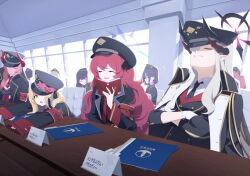 Rule 34 | 6+girls, annoyed, armband, blonde hair, blue archive, chair, closed eyes, folder, game cg, hat, highres, horns, ibuki (blue archive), iroha (blue archive), long hair, looking to the side, makoto (blue archive), military, military hat, military uniform, multiple girls, official art, satsuki (blue archive), sitting, sleeping, table, uniform, window