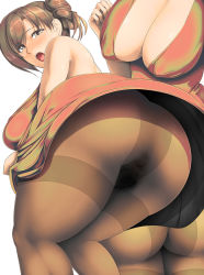 Rule 34 | 1girl, anus, ass, ass focus, bad id, bad pixiv id, bare shoulders, breast focus, breasts, brown eyes, brown hair, censored, cleavage, covered erect nipples, embarrassed, female focus, female pubic hair, highres, huge ass, huge breasts, looking back, maohnsan, mature female, miniskirt, multiple persona, no panties, open mouth, original, panties, pantyhose, pantyshot, partially visible vulva, plump, pubic hair, pussy, side ponytail, simple background, skirt, skirt flip, standing, thick thighs, thighs, underwear, upskirt, white background