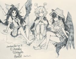 Rule 34 | 3girls, :d, antennae, barefoot, bird wings, bow, cape, carbohydrate (asta4282), character name, closed mouth, english text, full body, hair bow, heart, highres, knees up, kurokoma saki, long hair, long sleeves, monochrome, multiple girls, musical note, one-hour drawing challenge, open mouth, pegasus wings, plaid, reiuji utsuho, shirt, short hair, sitting, sketch, skirt, smile, third eye, touhou, wings, wriggle nightbug