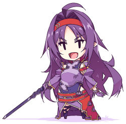 Rule 34 | 1girl, :d, ahoge, armor, black eyes, breastplate, chibi, detached sleeves, fingerless gloves, full body, gloves, hairband, holding, holding sword, holding weapon, leotard, leotard under clothes, long hair, open mouth, parted bangs, pointy ears, purple armor, purple gloves, purple hair, red hairband, shikei, smile, solo, sword, sword art online, very long hair, weapon, white background, yuuki (sao)