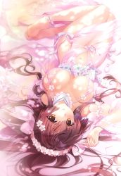 Rule 34 | 1girl, absurdres, alternate costume, barefoot, blush, bra, breasts, brown eyes, brown hair, carnelian, fingernails, flower, flower wreath, full body, hair between eyes, hair flower, hair ornament, highres, kantai collection, large breasts, legs together, long hair, looking at viewer, lying, navel, on back, parted lips, pink bra, ribbon, ribbon trim, scan, shiny skin, smile, soles, solo, stomach, toes, underwear, wide sleeves, yamato (kancolle)