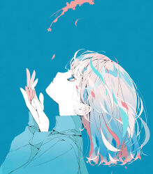 Rule 34 | 1girl, absurdres, blue background, blue eyes, blue hair, blue shirt, collared shirt, colored skin, falling petals, from side, gradient hair, hands up, highres, long bangs, looking up, medium hair, multicolored hair, nocopyrightgirl, open hands, original, own hands together, petals, pink hair, portrait, profile, shirt, sidelocks, simple background, solo, white hair, white skin