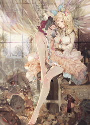 Rule 34 | 1girl, bare legs, bare tree, barefoot, blonde hair, character request, closed eyes, crab d, curtains, doll, drill hair, feet, full body, hair ribbon, highres, indoors, leg up, legs, light smile, million yaanyi, parted bangs, petticoat, pincushion, ribbon, sitting, solo, stuffed toy, tree, unbuttoned, window