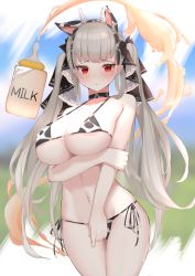 Rule 34 | 1girl, animal ears, animal print, azur lane, baby bottle, bikini, blush, bottle, breast hold, breasts, choker, closed mouth, cow ears, cow horns, cow print, cowboy shot, embarrassed, fake animal ears, fake horns, formidable (azur lane), grey hair, hair ribbon, hairband, hand on own arm, highres, holding own arm, horns, large breasts, long hair, milk, navel, nephthys2356, pacifier, print bikini, red eyes, ribbon, side-tie bikini bottom, smile, solo, string bikini, swimsuit, twintails, two-sided fabric, two-tone ribbon, underboob, very long hair