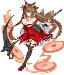 Rule 34 | 1girl, animal ear fluff, animal ears, blue eyes, breast tattoo, breasts, brown hair, caleen keemosn, cleavage, closed mouth, detached sleeves, dress, fox ears, fox girl, fox tail, full body, garter straps, hair ribbon, highres, holding, holding scythe, holding weapon, japanese clothes, long hair, looking at viewer, miko, multiple tails, red footwear, ribbon, ribbon trim, samuraig, scythe, simple background, smile, solo, star ocean, star ocean anamnesis, tail, tattoo, twintails, weapon, white background