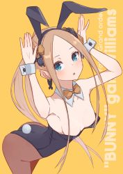 Rule 34 | 1girl, abigail williams (fate), absurdres, animal ears, arched back, ass, bare shoulders, black bow, black leotard, blonde hair, blue eyes, blush, bow, bowtie, breasts, character name, collarbone, detached collar, earrings, fake animal ears, fate/grand order, fate (series), forehead, hands up, highleg, highleg leotard, highres, jewelry, kopaka (karda nui), leotard, long hair, looking at viewer, multiple bows, open mouth, orange bow, parted bangs, playboy bunny, polka dot, polka dot bow, rabbit ears, rabbit pose, rabbit tail, small breasts, tail, thighs, twintails, wrist cuffs, yellow background