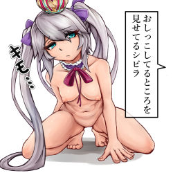 Rule 34 | 1girl, barefoot, blue eyes, breasts, crown, feet, female focus, kneeling, large breasts, navel, niconicotin, nipples, nude, sennen sensou aigis, silver hair, solo, squatting, sybilla, toes, twintails, uncensored