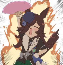 Rule 34 | 1girl, alternate costume, animal ears, arm up, black hair, blush, closed eyes, commentary request, dancing, emphasis lines, explosion, folding fan, gloves, hand fan, hat, horse ears, horse girl, horse tail, kimukimu, open mouth, ribbon, rice shower (umamusume), simple background, solo, tail, umamusume, uniform, white background
