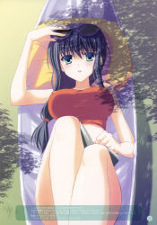 Rule 34 | absurdres, black hair, book, breasts, covered erect nipples, highres, large breasts, long hair, lying, nanao naru, pillow, scan, solo, sunglasses
