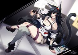 Rule 34 | 1girl, alcohol, animal ears, arknights, black footwear, black gloves, black hair, black skirt, blaze (arknights), blue eyes, book, book stack, boots, bottle, breasts, cat ears, cat girl, cat tail, claws, cleavage, crescentia fortuna, crossed legs, cup, desk, dutch angle, extra ears, fangs, fingerless gloves, gloves, grey thighhighs, hairband, holding, holding cup, large breasts, long hair, looking at viewer, office, open mouth, red hairband, rhodes island logo (arknights), shirt, single thighhigh, skirt, solo, tail, thigh strap, thighhighs, very long hair, white shirt