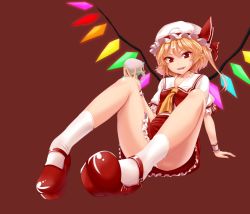 Rule 34 | 1girl, arm support, ascot, bad id, bad pixiv id, bare legs, blonde hair, collarbone, colorized, face, fangs, female focus, flandre scarlet, foreshortening, full body, hat, legs, mary janes, mx2j, panties, pantyshot, pointy ears, red background, red eyes, revision, shoes, short hair, side ponytail, simple background, sitting, skirt, skull, smirk, socks, solo, touhou, tsurime, underwear, upskirt, vest, white panties, white socks, wings, wrist cuffs