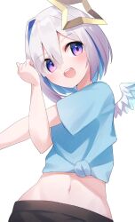 Rule 34 | 1girl, amane kanata, angel, angel wings, black pants, blue hair, blue shirt, blush, fragir, grey hair, hair intakes, halo, highres, hololive, looking at viewer, official alternate costume, open mouth, pants, pp tenshi t-shirt, shirt, short hair, smile, solo, star halo, stretching, teeth, tied shirt, upper teeth only, virtual youtuber, white background, wings