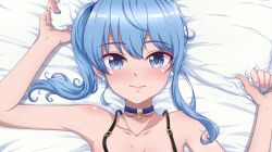 Rule 34 | 1girl, arm up, armpits, asymmetrical hair, bed sheet, blue choker, blue eyes, blue hair, blue nails, blush, breasts, choker, collarbone, commentary, earrings, english commentary, eyelashes, from above, hand up, highres, hololive, hoshimachi suisei, jewelry, lips, long hair, looking at viewer, lying, mixed-language commentary, nail polish, on back, p-nekoe, pillow, side ponytail, small breasts, solo, star (symbol), star in eye, symbol in eye, upper body, virtual youtuber