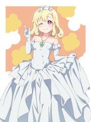 Rule 34 | 1girl, absurdres, blonde hair, commentary, dress, elbow gloves, endro!, gloves, highres, jewelry, karahai (31448823), one eye closed, pendant, purple eyes, rona pricipa o rabanesta, simple background, skirt hold, solo, strapless, strapless dress, tiara