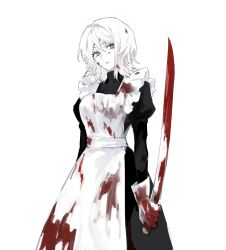 Rule 34 | 1girl, apron, black dress, blood, blood in hair, blood on clothes, blood on face, blood on hands, bloody weapon, blue eyes, dress, faust (project moon), frost krx7, highres, juliet sleeves, katana, limbus company, long sleeves, looking at viewer, maid, parted lips, project moon, puffy sleeves, simple background, sleeve cuffs, solo, sword, weapon, white apron, white background, white hair