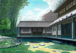 Rule 34 | 1980s (style), architecture, bamboo, cloud, day, east asian architecture, fish, house, koi, no humans, oldschool, original, pond, puddle, reflection, retro artstyle, ruun (abcdeffff), scenery, sky, tonari no totoro, tree, water
