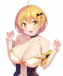 Rule 34 | 1girl, :d, ahoge, bare shoulders, bat hair ornament, black choker, blonde hair, blush, breasts, choker, claw pose, cleavage, collarbone, fang, hair between eyes, hair ornament, hands up, hexagram, highres, hololive, kazuma (kazumav), large breasts, looking at viewer, open mouth, short hair, simple background, smile, solo, strapless, virtual youtuber, white background, yellow eyes, yozora mel, yozora mel (1st costume)