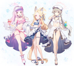 Rule 34 | 3girls, ainy, alternate costume, alternate hairstyle, angel wings, animal, animal ear fluff, animal ears, beret, bikini, bird, blonde hair, blue archive, blue bikini, blush, bottle, braid, breasts, brown eyes, brown hair, cleavage, closed mouth, collarbone, detached collar, extra ears, fox ears, full body, grin, halo, hat, holding, holding bottle, long braid, long hair, looking at viewer, medium breasts, mika (blue archive), multiple girls, nagisa (blue archive), open mouth, parfait, pink hair, ponytail, ramune, sandals, seia (blue archive), smile, swimsuit, tea party (blue archive), toes, tray, twin braids, twitter username, visor cap, white bird, wings, yellow eyes, yellow halo