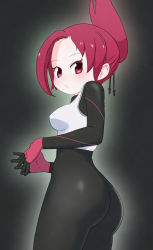 Rule 34 | 1girl, absurdres, ass, black background, blush, bodysuit, breasts, cowboy shot, from side, gloves, highres, interlocked fingers, kemurikusa, long hair, looking at viewer, own hands together, ponytail, red eyes, red hair, rin (kemurikusa), sat-c, shiny clothes, sideboob, solo, standing, vest