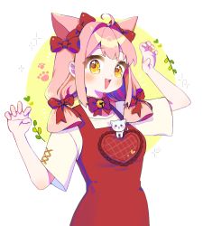 Rule 34 | 1girl, :3, :d, absurdres, ahoge, animal ears, arm up, bell, blunt ends, blush, bow, cat, cat ears, choker, claw pose, cross-laced clothes, cross-laced sleeves, dress, hair bow, hair intakes, hair ribbon, highres, long hair, looking at viewer, low twintails, neck bell, open mouth, original, patch, paw print, pinafore dress, pink hair, q yan31, ribbon, ribbon choker, shirt, sleeveless dress, smile, solo, sparkle, t-shirt, triangle mouth, twintails, undersized animal, yellow eyes