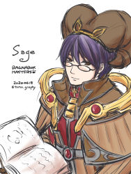 Rule 34 | 1boy, book, brown capelet, brown hair, capelet, character name, closed mouth, commentary request, copyright name, dated, fake horns, glasses, hair between eyes, holding, holding book, horns, looking at viewer, male focus, open book, purple hair, ragnarok masters, ragnarok online, red shirt, sage (ragnarok online), shirt, simple background, smile, solo, striped capelet, tomo-graphy, twitter username, upper body, white background