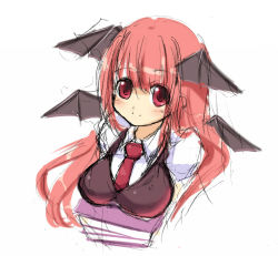 Rule 34 | 1girl, bad id, bad pixiv id, bat wings, book, breast rest, breasts, carried breast rest, carrying, embodiment of scarlet devil, female focus, head wings, koakuma, large breasts, long hair, red eyes, red hair, shirt, shuz (dodidu), sketch, smile, solo, touhou, upper body, vest, white background, wings