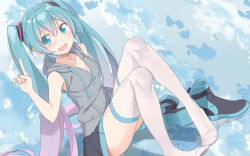 Rule 34 | 1girl, aqua eyes, aqua hair, beek, full body, hatsune miku, highres, hood, hoodie, index finger raised, long hair, looking at viewer, nail polish, open mouth, pigeon-toed, shoes, unworn shoes, sitting, sleeveless, sleeveless hoodie, solo, thighhighs, twintails, very long hair, vocaloid, white thighhighs