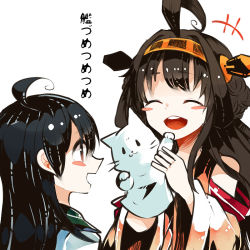 Rule 34 | 10s, :d, bare shoulders, black hair, blush stickers, brown eyes, brown hair, crayon, detached sleeves, double bun, itomugi-kun, kantai collection, kongou (kancolle), open mouth, personification, puppet, smile, translation request, ushio (kancolle), white background