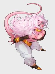 1girl android_21 baggy_pants blue_eyes bracelet breasts choker detached_sleeves dragon_ball dragon_ball_fighterz earrings grey_background hair_between_eyes high_heels hoop_earrings jewelry kemachiku large_breasts leaning_forward long_hair looking_at_viewer majin_android_21 nail_polish pants simple_background smile solo tail white_hair