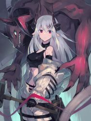 Rule 34 | 1girl, arknights, bare shoulders, black choker, black gloves, breasts, choker, commentary request, cowboy shot, crop top, gloves, hammer, highres, holding, holding hammer, holding weapon, horns, infection monitor (arknights), large breasts, long hair, long sleeves, looking at viewer, midriff, mudrock (arknights), mudrock (elite ii) (arknights), off shoulder, pointy ears, red eyes, sasa onigiri, silver hair, sports bra, standing, stomach, weapon