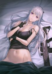 Rule 34 | 1girl, absurdres, ak-12, ak-12 (girls&#039; frontline), assault rifle, bare shoulders, black gloves, black shirt, breasts, cleavage, closed mouth, crossed arms, girls&#039; frontline, gloves, gun, hair ribbon, hand on own neck, highres, huge filesize, kalashnikov rifle, long hair, looking at viewer, lying, md5 mismatch, medium breasts, navel, on back, partially fingerless gloves, purple eyes, resolution mismatch, ribbon, rifle, shichi (ratorin53), shirt, silver hair, smile, solo, source larger, weapon