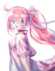 Rule 34 | 1girl, :d, dress, facial mark, from side, green eyes, hair between eyes, hair ribbon, headset, highres, long hair, looking at viewer, looking to the side, mechuragi, open mouth, pink hair, ribbon, short sleeves, side ponytail, simple background, smile, solo, star (symbol), uni (vocaloid), very long hair, vocaloid, white background, white dress, white ribbon, wide sleeves