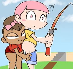 Rule 34 | !?, 2girls, animal crossing, ass, assisted exposure, bent over, blue shorts, blue sky, blunt bangs, blush, blush stickers, brown eyes, brown hair, closed mouth, clothes pull, cloud, constricted pupils, dark-skinned female, dark skin, day, female focus, female pervert, fishing, fishing rod, flat chest, from side, grass, half-closed eyes, hands up, happy, holding, holding fishing rod, jpeg artifacts, looking at viewer, matching hair/eyes, medium hair, motion lines, multiple girls, nintendo, outdoors, outline, pervert, pink eyes, pink hair, pulling another&#039;s clothes, red shirt, red shorts, shirt, short hair, short sleeves, shorts, shorts pull, sky, smile, standing, surprised, twintails, vilepluff, villager (animal crossing), white outline, wide-eyed, yellow shirt, yuri