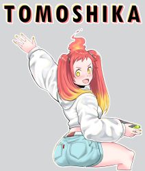 Rule 34 | 1girl, absurdres, ass, character name, denim, denim shorts, english text, highres, hikasa tomoshika, looking back, midriff, multicolored hair, open mouth, shorts, sitting, solo, twintails, voms, yellow eyes