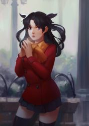 Rule 34 | 1girl, 3four, bad id, bad pixiv id, black hair, black thighhighs, blue eyes, cowboy shot, fate/stay night, fate (series), hair ribbon, highres, jacket, lamppost, long sleeves, looking at viewer, outdoors, own hands together, parted lips, pleated skirt, red jacket, ribbon, scarf, skirt, solo, standing, thighhighs, tohsaka rin, two side up, winter clothes, zettai ryouiki