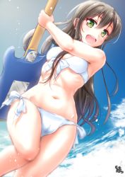 Rule 34 | 1girl, :d, ayama yuiya, bang dream!, bikini, black hair, cameltoe, commentary, day, electric guitar, front-tie bikini top, front-tie top, green eyes, guitar, hair between eyes, hanazono tae, holding, holding instrument, instrument, long hair, looking at viewer, navel, open mouth, outdoors, round teeth, side-tie bikini bottom, signature, smile, solo, swimsuit, teeth, upper teeth only, white bikini