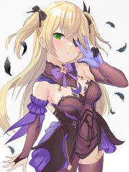 Rule 34 | 1girl, bare shoulders, black dress, black pantyhose, black thighhighs, blonde hair, blush, breasts, cowboy shot, dress, eyepatch, feathers, fischl (genshin impact), frilled dress, frills, genshin impact, gloves, hair ornament, hair ribbon, highres, looking at viewer, multicolored clothes, multicolored dress, pantyhose, pony (shihyo-6591), purple dress, ribbon, simple background, single thighhigh, solo, thighhighs, twintails, v, white background