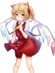 Rule 34 | 1girl, animal ears, ascot, blonde hair, buttons, cat ears, cat tail, cowboy shot, flandre scarlet, hair ribbon, highres, kemonomimi mode, orange flan 495, puffy short sleeves, puffy sleeves, red eyes, red ribbon, red skirt, ribbon, short sleeves, side ponytail, skirt, skirt set, solo, sweatdrop, tail, touhou, vest, wings