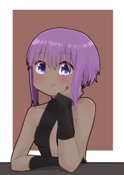 Rule 34 | 1girl, :t, bare shoulders, black bodysuit, blush, bodysuit, breasts, brown background, closed mouth, dark-skinned female, dark skin, fate/prototype, fate/prototype: fragments of blue and silver, fate (series), hair between eyes, hand up, hassan of serenity (fate), highres, i.u.y, looking at viewer, purple eyes, purple hair, small breasts, solo, two-tone background, upper body, white background